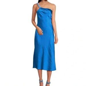 NWT Gianni Bini blue midi one shoulder sz 10 gown/ blue plastic link strap